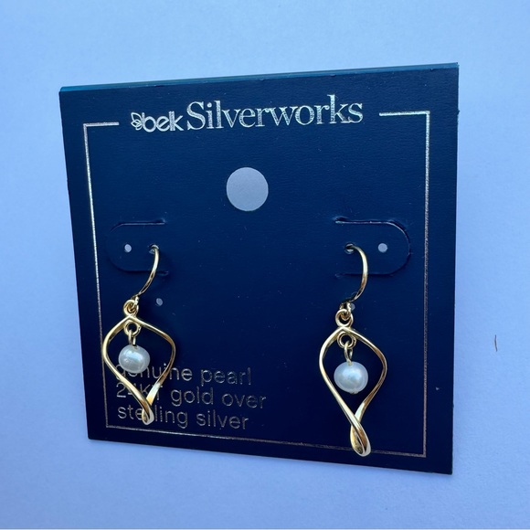 NEW! Women’s Genuine Pearl 24KT Gold Sterling Silver Earrings by Silverworks NWT - Picture 3 of 5